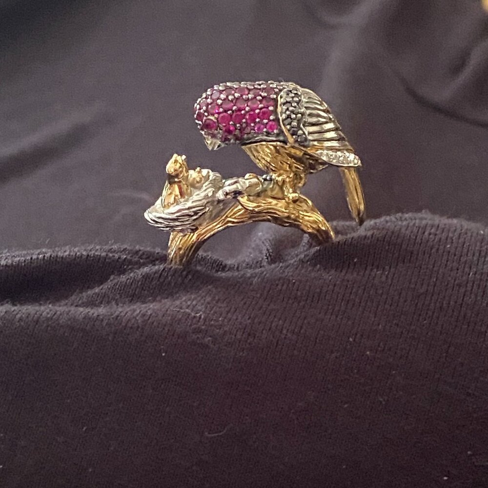 Bird Ring 14 K over Sterling Silver 925. Size 7.